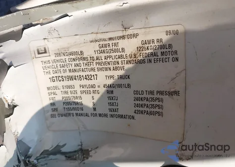 2001 GMC Sonoma Sls from USA, damaged, VIN 1GTCS19W418143217